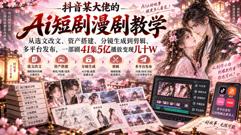 抖音某大佬的Ai短剧漫剧教学,从选文改文、资产搭建、分镜生成到剪辑、多平台发布,一部剧41集5亿播放变现几十W网络赚钱,项目资源网,副业资源网,兼职项目,网赚课程-副业赚钱-互联网创业-独家轻创IP大圣网创