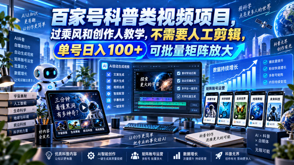 百家号科普类视频项目，过乘风和创作人教学，不需要人工剪辑，单号日入100+可批量矩阵放大网络赚钱,项目资源网,副业资源网,兼职项目,网赚课程-副业赚钱-互联网创业-独家轻创IP大圣网创