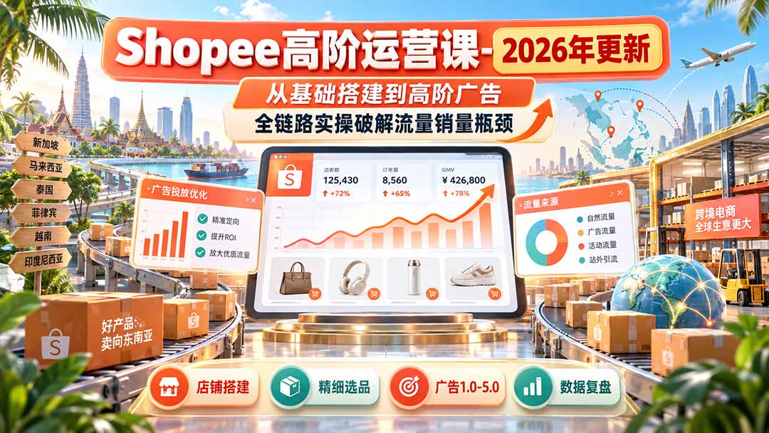 Shopee高阶运营课-更新9月，从基础搭建到高阶广告，全链路实操破解流量销量瓶颈网络赚钱,项目资源网,副业资源网,兼职项目,网赚课程-副业赚钱-互联网创业-独家轻创IP大圣网创