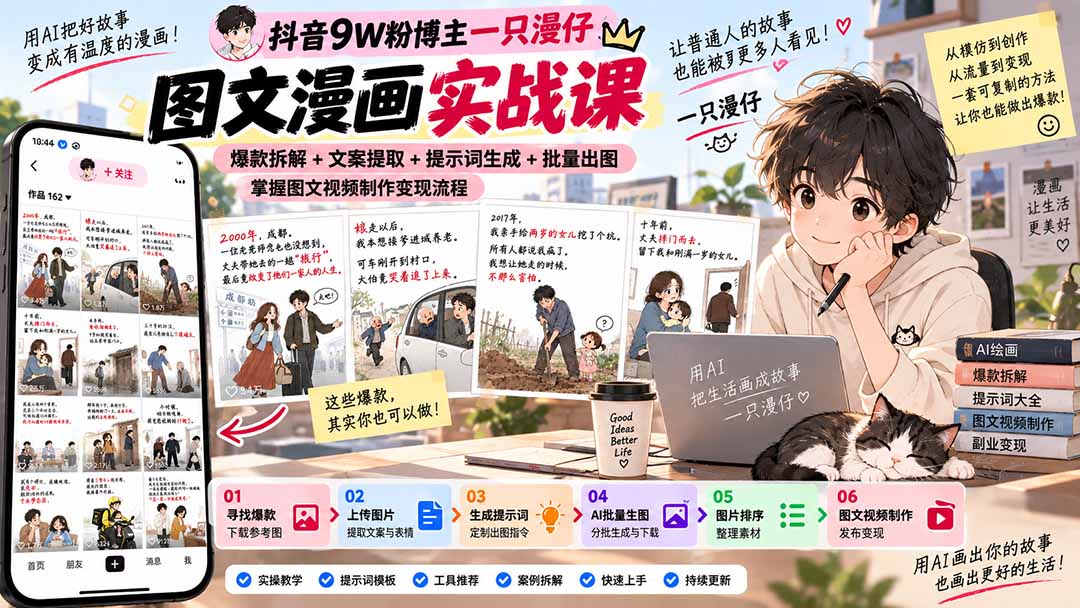 抖音9W粉博主一只漫仔图文漫画课:爆款拆解+文案提取+提示词生成+批量出图,掌握图文视频制作变现流程网络赚钱,项目资源网,副业资源网,兼职项目,网赚课程-副业赚钱-互联网创业-独家轻创IP大圣网创