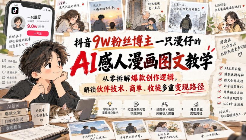 抖音9W粉丝博主一只漫仔的AI感人漫画图文教学，从零拆解爆款创作逻辑，解锁伙伴技术、商单、收徒多重变现路径网络赚钱,项目资源网,副业资源网,兼职项目,网赚课程-副业赚钱-互联网创业-独家轻创IP大圣网创