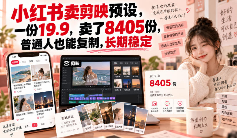 小红书卖剪映预设,一份19.9,卖了8405份,普通人也能复制,长期稳定网络赚钱,项目资源网,副业资源网,兼职项目,网赚课程-副业赚钱-互联网创业-独家轻创IP大圣网创