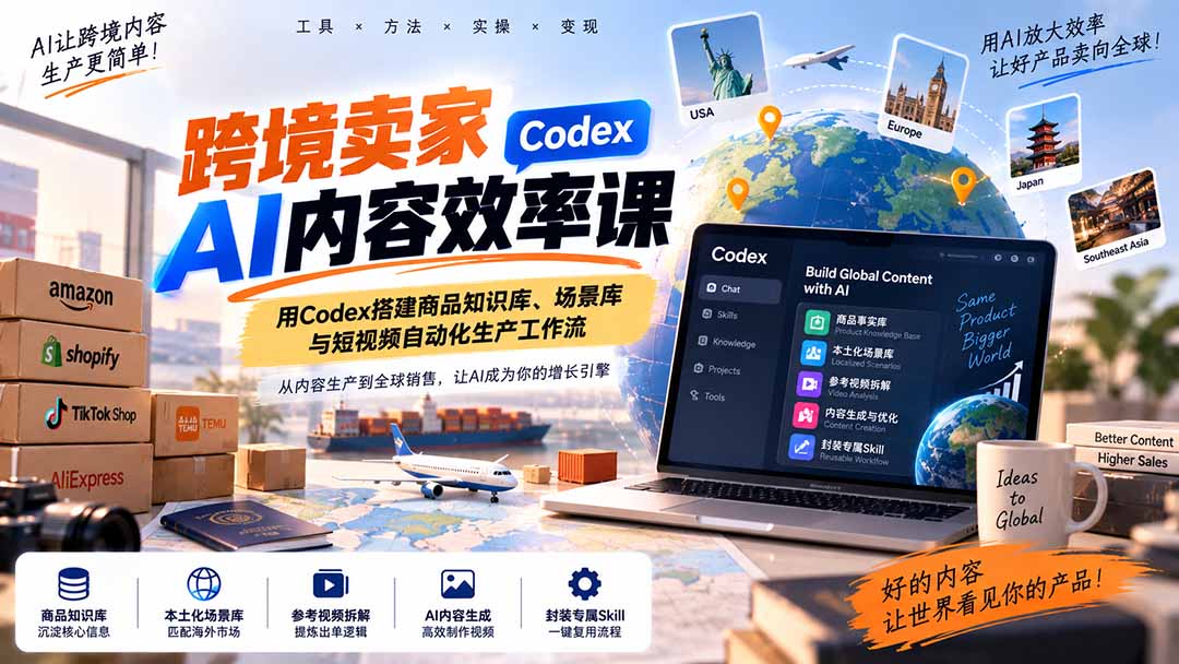 跨境卖家AI内容效率课：用Codex搭建商品知识库、场景库与短视频自动化生产工作流网络赚钱,项目资源网,副业资源网,兼职项目,网赚课程-副业赚钱-互联网创业-独家轻创IP大圣网创