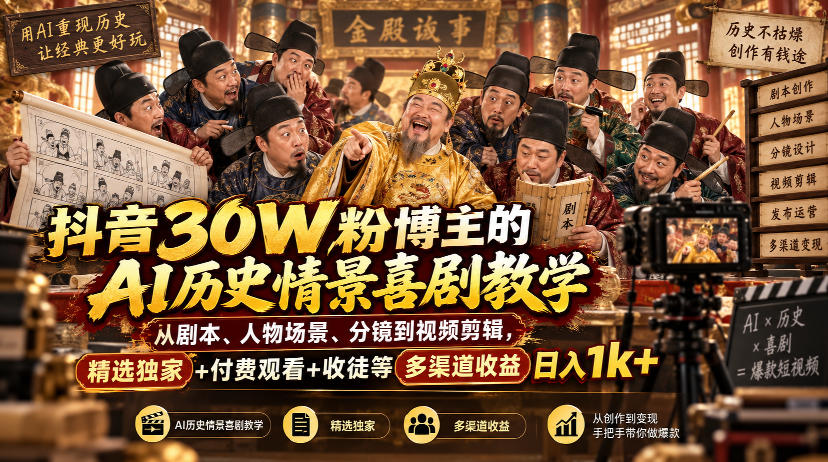 抖音30W粉博主的AI历史情景喜剧教学，从剧本、人物场景、分镜到视频剪辑，精选独家+付费观看+收徒等多渠道收益日入1k+网络赚钱,项目资源网,副业资源网,兼职项目,网赚课程-副业赚钱-互联网创业-独家轻创IP大圣网创