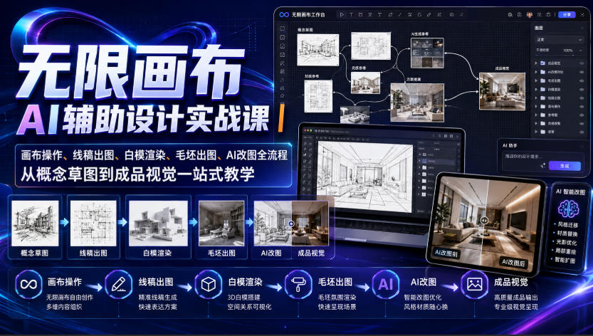 无限画布AI辅助设计实战课｜画布操作、线稿出图、白模渲染、毛坯出图、AI改图全流程，从概念草图到成品视觉一站式教学(更新0923)网络赚钱,项目资源网,副业资源网,兼职项目,网赚课程-副业赚钱-互联网创业-独家轻创IP大圣网创