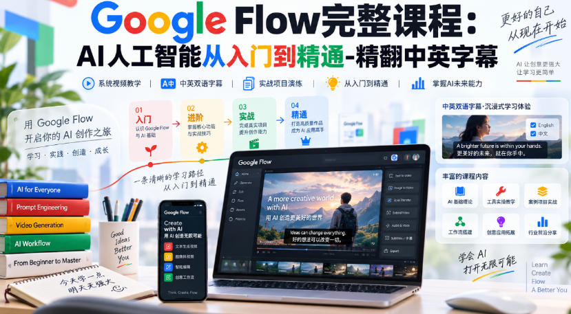 【无水印】Google Flow完整课程:AI人工智能从入门到精通-精翻中英字幕网络赚钱,项目资源网,副业资源网,兼职项目,网赚课程-副业赚钱-互联网创业-独家轻创IP大圣网创