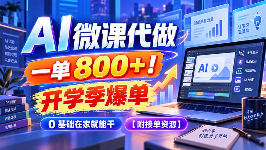 AI 微课代做，一单 800+！开学季爆单，0 基础在家就能干【附接单资源】网络赚钱,项目资源网,副业资源网,兼职项目,网赚课程-副业赚钱-互联网创业-独家轻创IP大圣网创