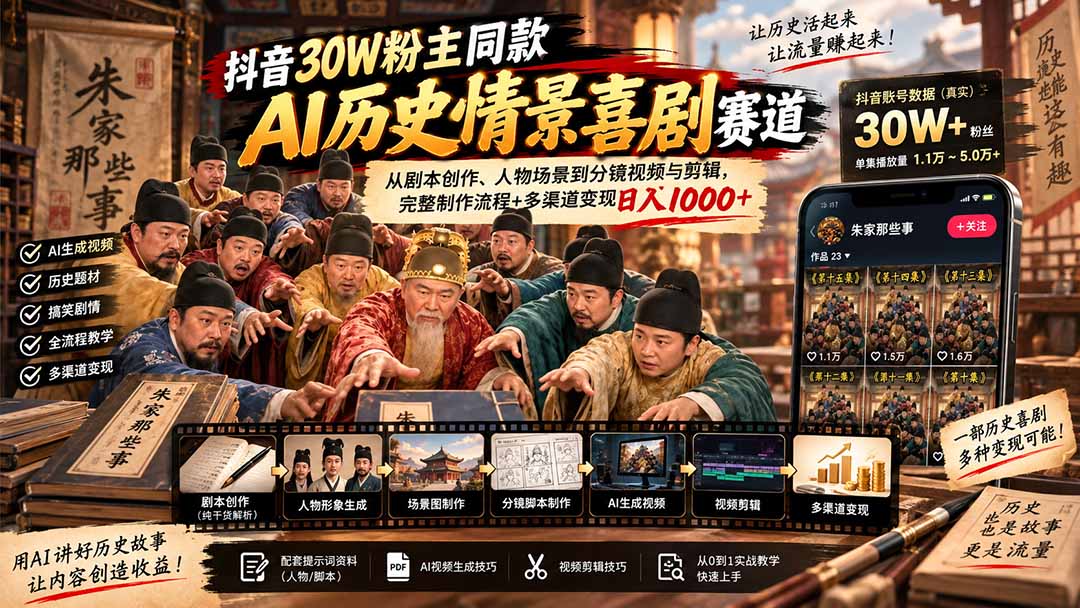 抖音30W粉博主同款AI历史情景喜剧赛道：从剧本创作、人物场景到分镜视频与剪辑，完整制作流程+多渠道变现日入1000+网络赚钱,项目资源网,副业资源网,兼职项目,网赚课程-副业赚钱-互联网创业-独家轻创IP大圣网创