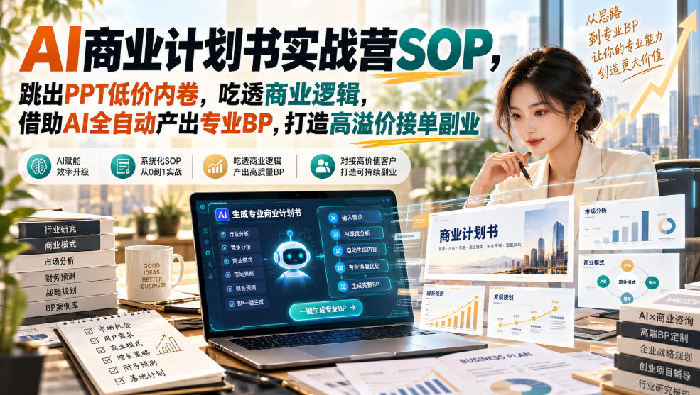 AI商业计划书实战营SOP,跳出PPT低价内卷,吃透商业逻辑,借助AI全自动产出专业BP,打造高溢价接单副业网络赚钱,项目资源网,副业资源网,兼职项目,网赚课程-副业赚钱-互联网创业-独家轻创IP大圣网创