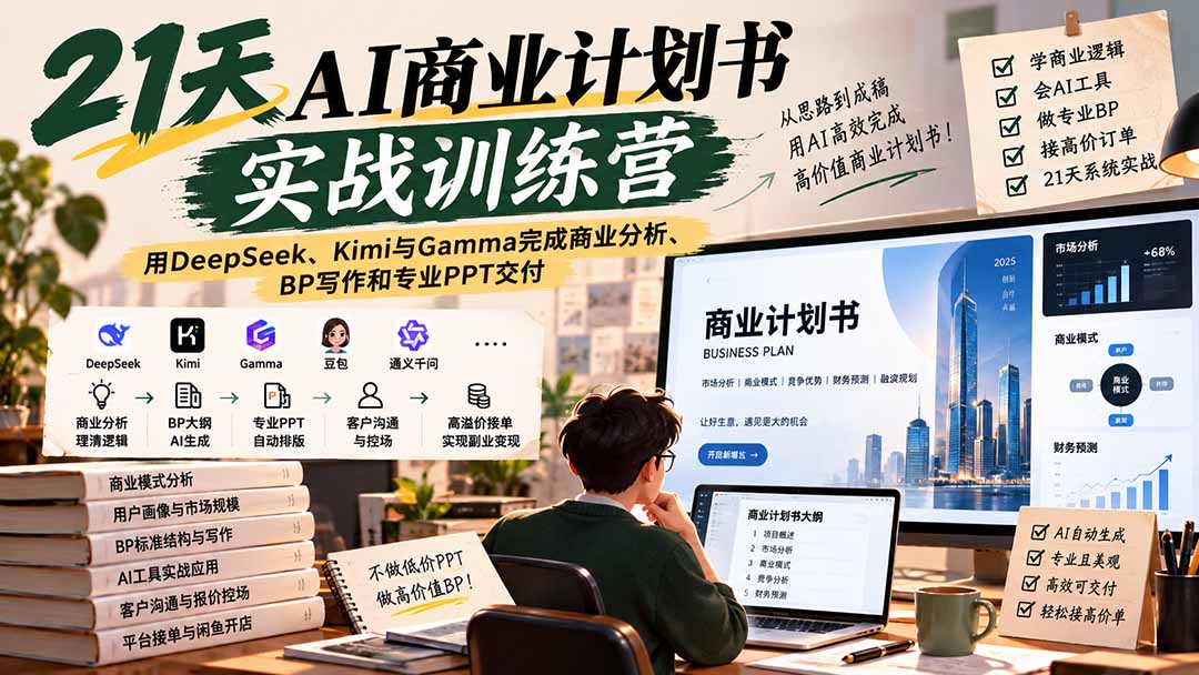 【无水印】21天AI商业计划书实战训练营：用DeepSeek、Kimi与Gamma完成商业分析、BP写作和专业PPT交付网络赚钱,项目资源网,副业资源网,兼职项目,网赚课程-副业赚钱-互联网创业-独家轻创IP大圣网创