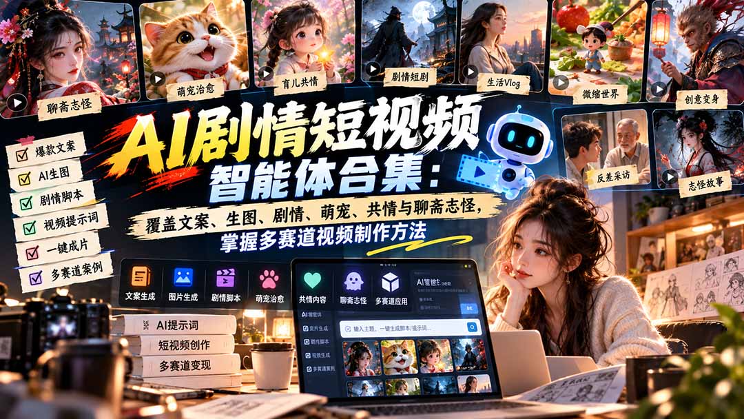 【无水印】AI剧情短视频智能体合集：覆盖文案、生图、剧情、萌宠、共情与聊斋志怪，掌握多赛道视频制作方法网络赚钱,项目资源网,副业资源网,兼职项目,网赚课程-副业赚钱-互联网创业-独家轻创IP大圣网创