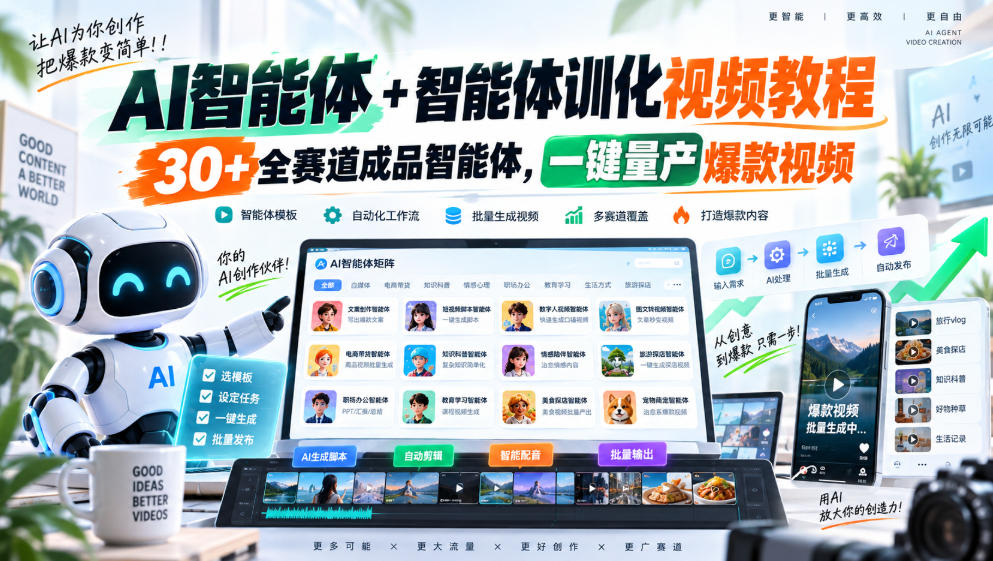 【无水印】AI智能体+智能体训化视频教程，30+全赛道成品智能体，一键量产爆款视频【更新】网络赚钱,项目资源网,副业资源网,兼职项目,网赚课程-副业赚钱-互联网创业-独家轻创IP大圣网创