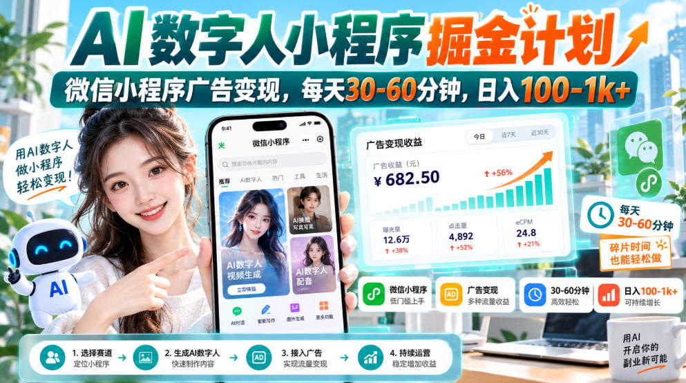 【无水印】AI数字人小程序掘金计划，微信小程序广告变现，每天30‑60分钟，日入100‑1k+网络赚钱,项目资源网,副业资源网,兼职项目,网赚课程-副业赚钱-互联网创业-独家轻创IP大圣网创