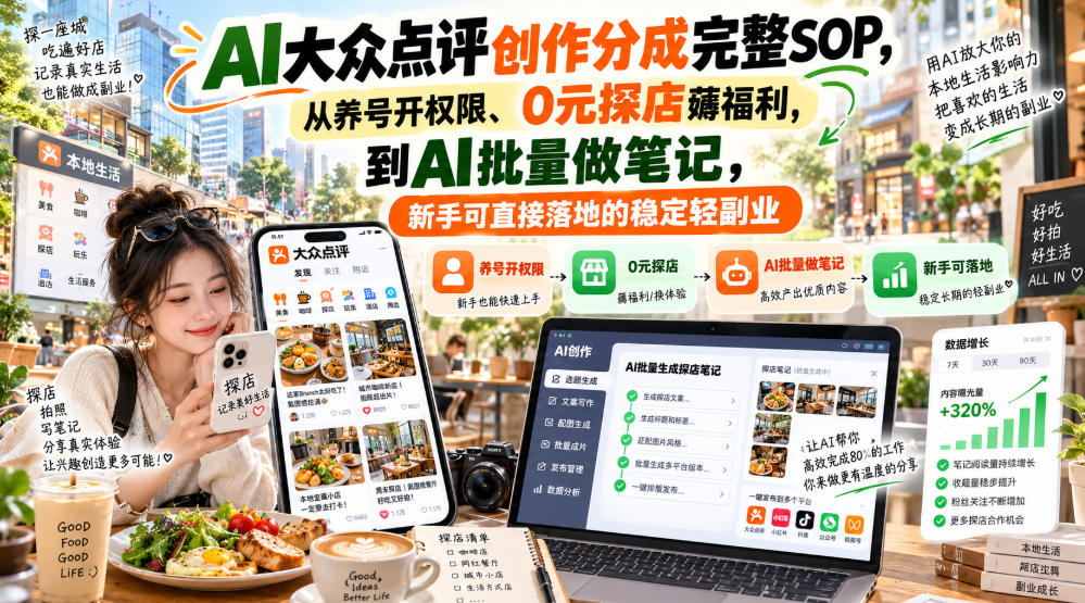 【无水印】AI大众点评创作分成完整SOP，从养号开权限、0元探店薅福利，到AI批量做笔记，新手可直接落地的稳定轻副业网络赚钱,项目资源网,副业资源网,兼职项目,网赚课程-副业赚钱-互联网创业-独家轻创IP大圣网创