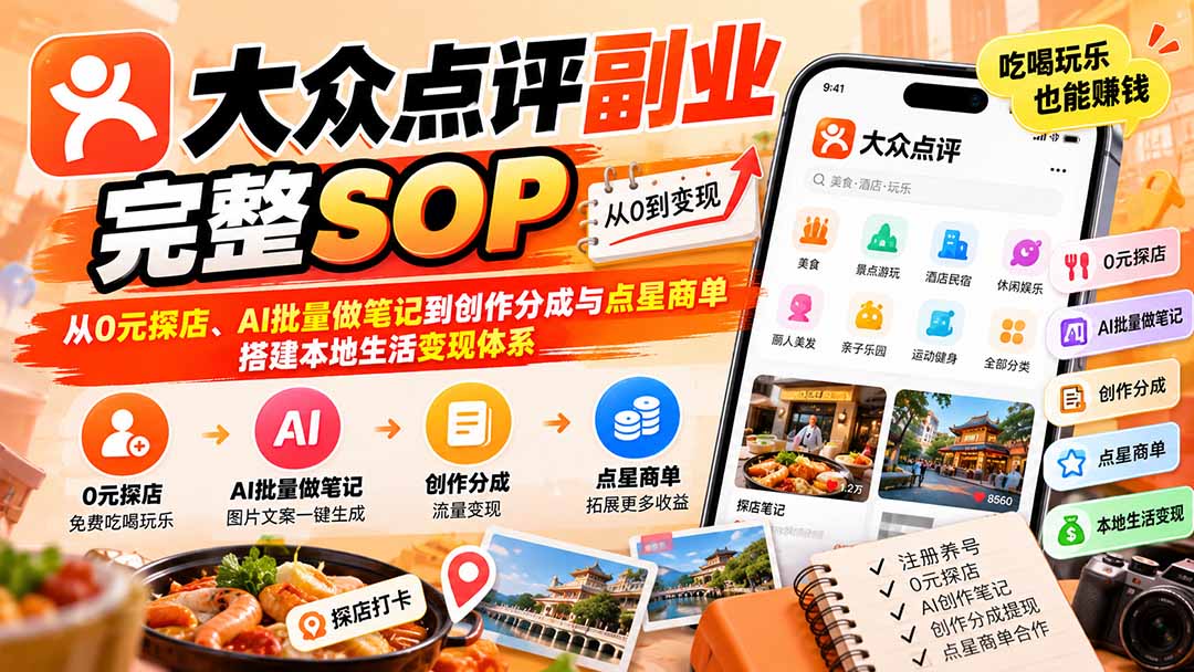 【无水印】大众点评副业完整SOP：从0元探店、AI批量做笔记到创作分成与点星商单，搭建本地生活变现体系网络赚钱,项目资源网,副业资源网,兼职项目,网赚课程-副业赚钱-互联网创业-独家轻创IP大圣网创
