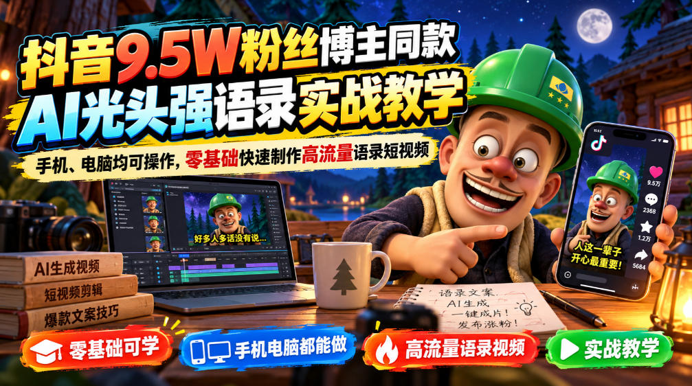 抖音9.5W粉丝博主同款AI光头强语录实战教学，手机、电脑均可操作，零基础快速制作高流量语录短视频网络赚钱,项目资源网,副业资源网,兼职项目,网赚课程-副业赚钱-互联网创业-独家轻创IP大圣网创