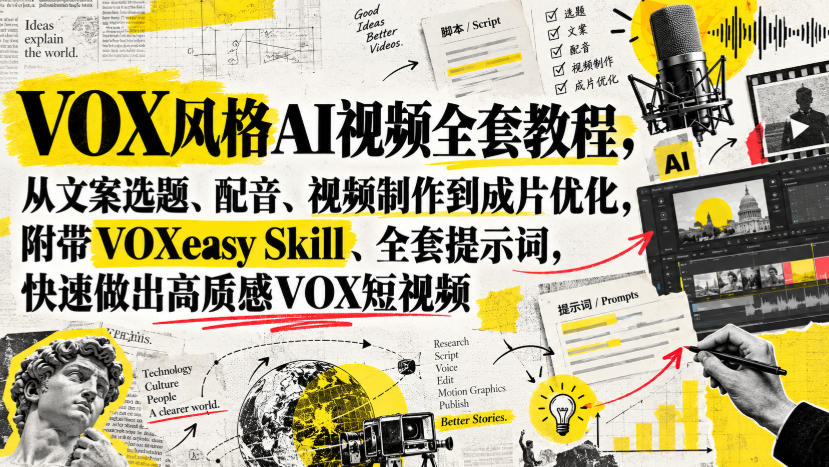 VOX风格AI视频全套教程,从文案选题、配音、视频制作到成片优化,附带VOXeasy Skill、全套提示词,快速做出高质感VOX短视频网络赚钱,项目资源网,副业资源网,兼职项目,网赚课程-副业赚钱-互联网创业-独家轻创IP大圣网创
