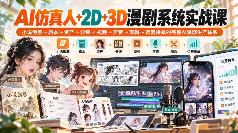 【无水印】AI仿真人+2D+3D漫剧系统实战课,小说创意→剧本→资产→分镜→视频→声音→剪辑→运营接单的完整AI漫剧生产体系网络赚钱,项目资源网,副业资源网,兼职项目,网赚课程-副业赚钱-互联网创业-独家轻创IP大圣网创