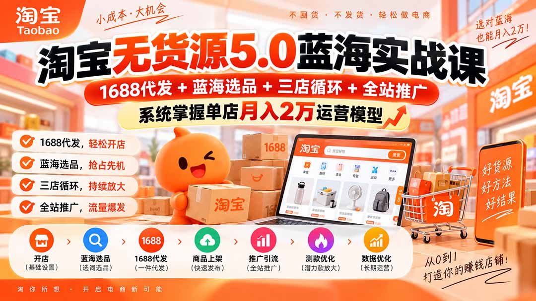 淘宝无货源5.0蓝海实战课-更新0927：1688代发+蓝海选品+三店循环+全站推广，系统掌握单店月入2万运营模型网络赚钱,项目资源网,副业资源网,兼职项目,网赚课程-副业赚钱-互联网创业-独家轻创IP大圣网创