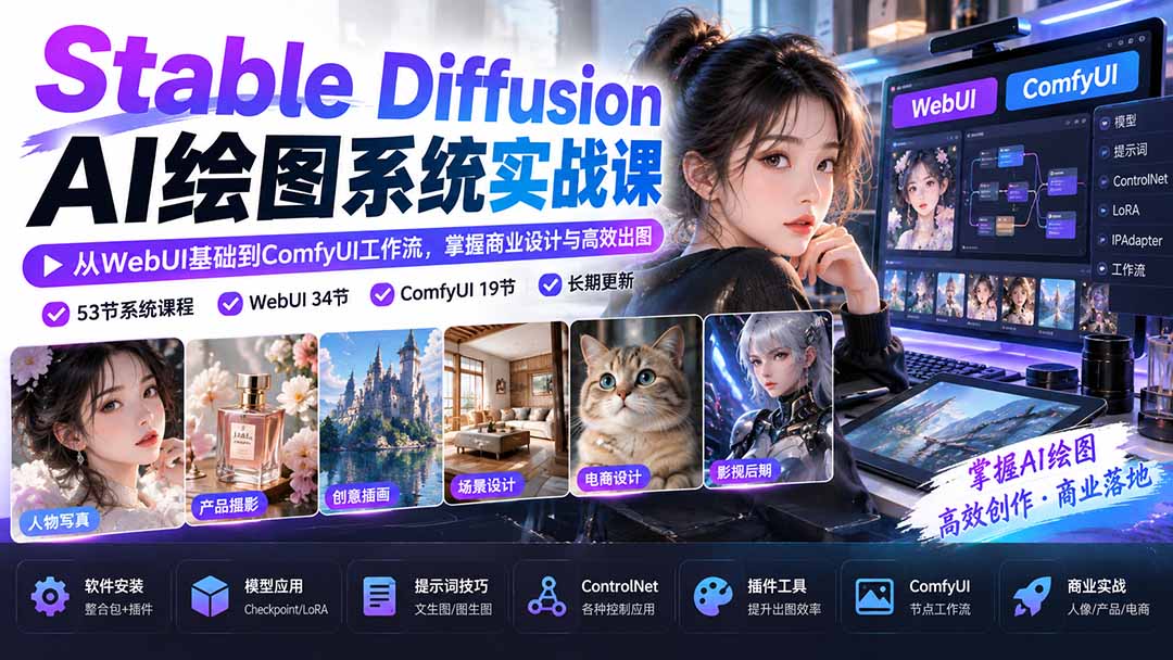 【无水印】Stable Diffusion AI绘图系统实战课：从WebUI基础到ComfyUI工作流，掌握商业设计与高效出图网络赚钱,项目资源网,副业资源网,兼职项目,网赚课程-副业赚钱-互联网创业-独家轻创IP大圣网创