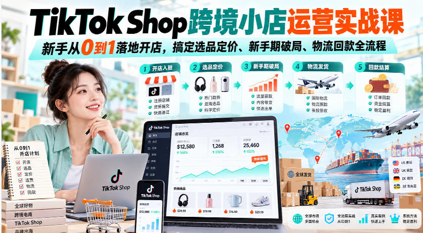TikTok Shop跨境小店运营实战课,新手从0到1落地开店,搞定选品定价、新手期破局、物流回款全流程网络赚钱,项目资源网,副业资源网,兼职项目,网赚课程-副业赚钱-互联网创业-独家轻创IP大圣网创