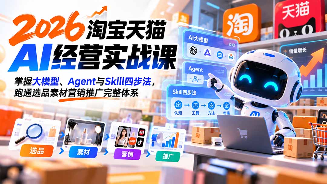 【无水印】2026淘宝天猫AI经营实战课：掌握大模型、Agent与Skill四步法，跑通选品素材营销推广完整体系网络赚钱,项目资源网,副业资源网,兼职项目,网赚课程-副业赚钱-互联网创业-独家轻创IP大圣网创