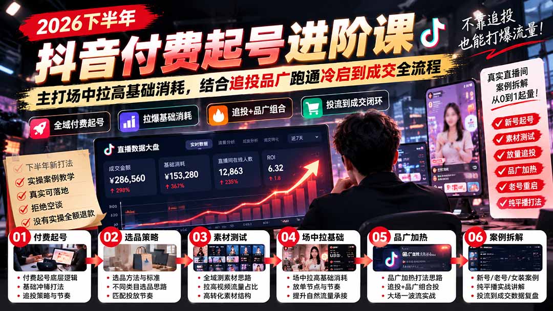 2026下半年抖音付费起号进阶课：主打场中拉高基础消耗，结合追投品广跑通冷启到成交全流程网络赚钱,项目资源网,副业资源网,兼职项目,网赚课程-副业赚钱-互联网创业-独家轻创IP大圣网创