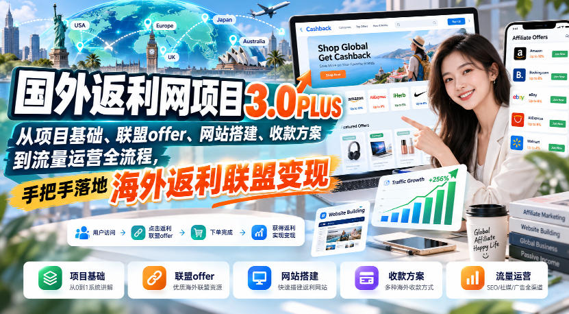 国外返利网项目3.0PLUS,从项目基础、联盟offer、网站搭建、收款方案到流量运营全流程,手把手落地海外返利联盟变现网络赚钱,项目资源网,副业资源网,兼职项目,网赚课程-副业赚钱-互联网创业-独家轻创IP大圣网创