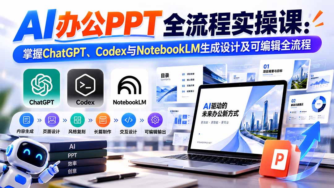 【无水印】AI办公PPT全流程实操课： 掌握ChatGPT、Codex与NotebookLM生成设计及可编辑全流程网络赚钱,项目资源网,副业资源网,兼职项目,网赚课程-副业赚钱-互联网创业-独家轻创IP大圣网创