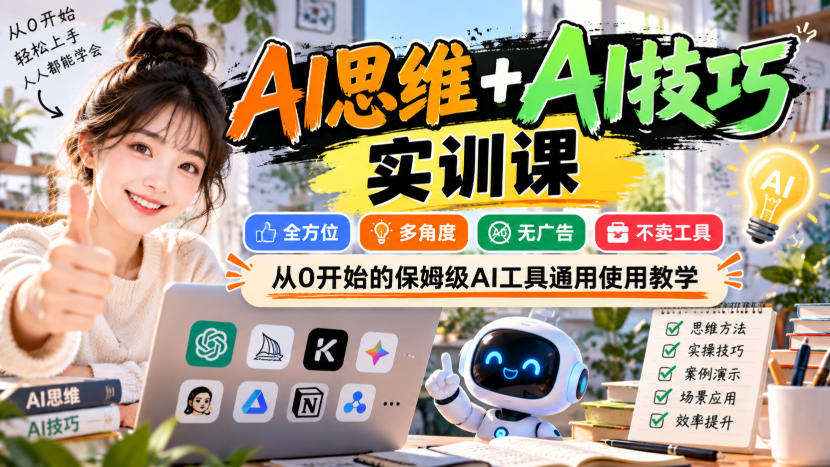 【无水印】AI思维+AI技巧实训课,全方位、多角度、无广告、不卖工具,从0开始的保姆级AI工具通用使用教学网络赚钱,项目资源网,副业资源网,兼职项目,网赚课程-副业赚钱-互联网创业-独家轻创IP大圣网创