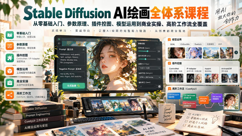 【无水印】Stable Diffusion AI绘画全体系课程,从零基础入门、参数原理、插件控图、模型运用到商业实操、高阶工作流全覆盖网络赚钱,项目资源网,副业资源网,兼职项目,网赚课程-副业赚钱-互联网创业-独家轻创IP大圣网创