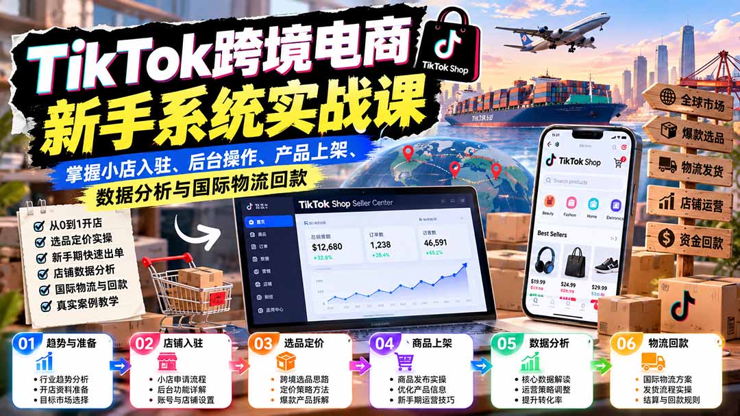 TikTok跨境电商新手系统实战课：掌握小店入驻、后台操作、产品上架、数据分析与国际物流回款网络赚钱,项目资源网,副业资源网,兼职项目,网赚课程-副业赚钱-互联网创业-独家轻创IP大圣网创