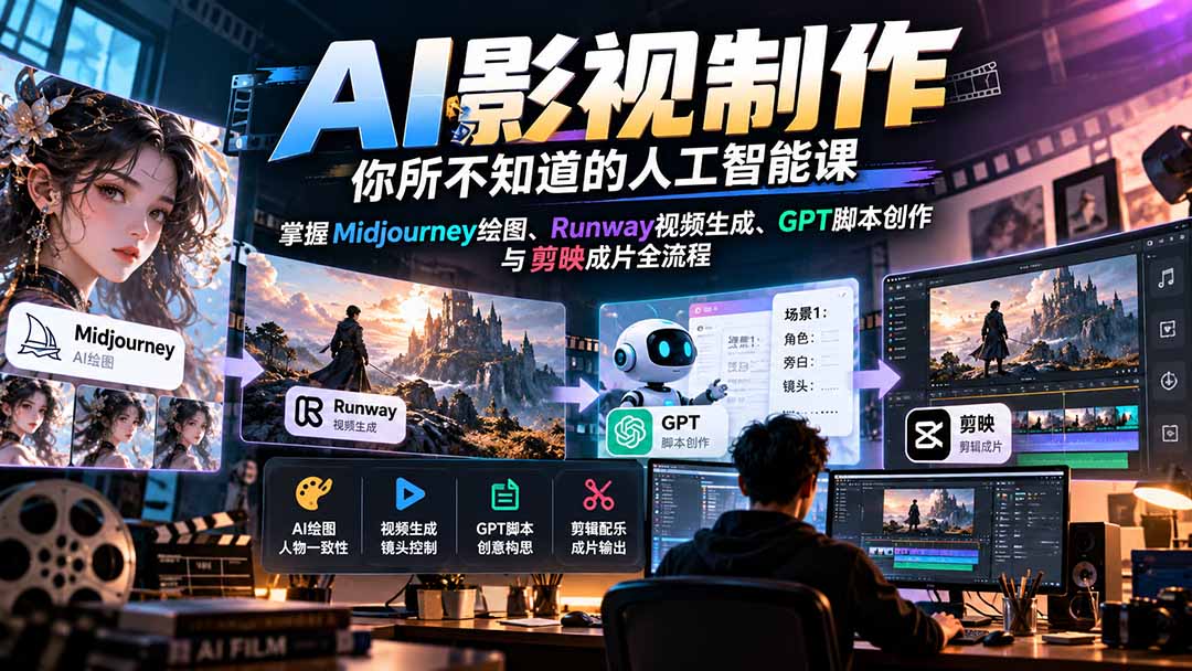 【无水印】AI影视制作-你所不知道的人工智能课，掌握Midjourney绘图、Runway视频生成、GPT脚本创作与剪映成片全流程网络赚钱,项目资源网,副业资源网,兼职项目,网赚课程-副业赚钱-互联网创业-独家轻创IP大圣网创