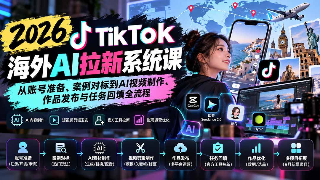 【无水印】2026 TikTok海外AI拉新系统课：从账号准备、案例对标到AI视频制作、作品发布与任务回填全流程网络赚钱,项目资源网,副业资源网,兼职项目,网赚课程-副业赚钱-互联网创业-独家轻创IP大圣网创
