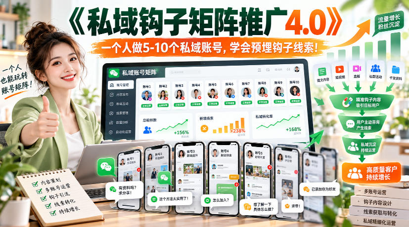 【无水印】《私域钩子矩阵推广4.0》一个人做5-10个私域账号,学会预埋钩子线索!网络赚钱,项目资源网,副业资源网,兼职项目,网赚课程-副业赚钱-互联网创业-独家轻创IP大圣网创