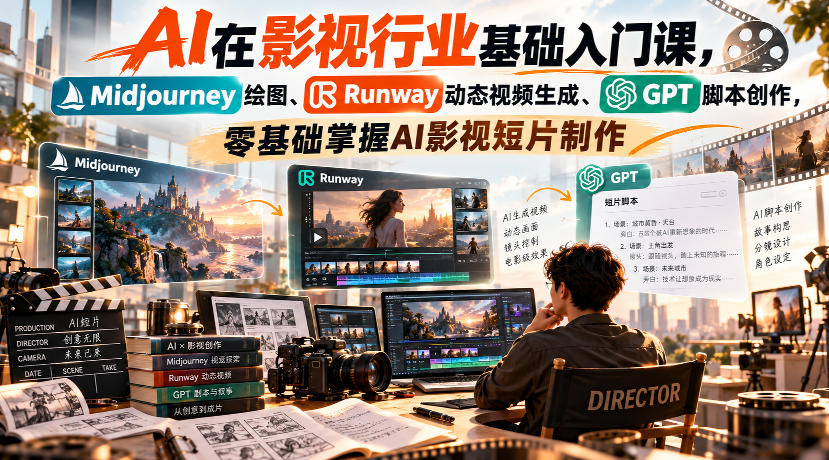 【无水印】AI在影视行业基础入门课,Midjourney绘图、Runway动态视频生成、GPT脚本创作,零基础掌握AI影视短片制作网络赚钱,项目资源网,副业资源网,兼职项目,网赚课程-副业赚钱-互联网创业-独家轻创IP大圣网创