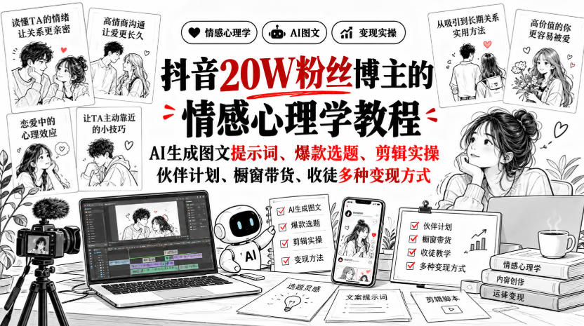 抖音20W粉丝博主静候心声的情感心理学教程，AI生成图文提示词、爆款选题、剪辑实操，伙伴计划、橱窗带货、收徒多种变现方式网络赚钱,项目资源网,副业资源网,兼职项目,网赚课程-副业赚钱-互联网创业-独家轻创IP大圣网创