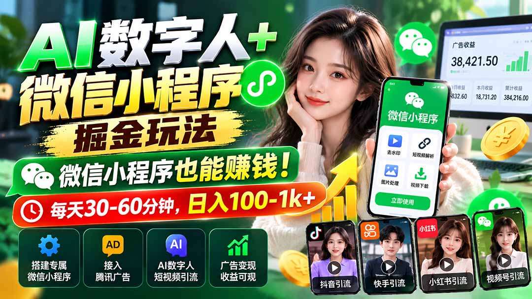 AI数字人+微信小程序掘金玩法：微信小程序也能赚钱！每天30-60分钟，日入100-1k+网络赚钱,项目资源网,副业资源网,兼职项目,网赚课程-副业赚钱-互联网创业-独家轻创IP大圣网创