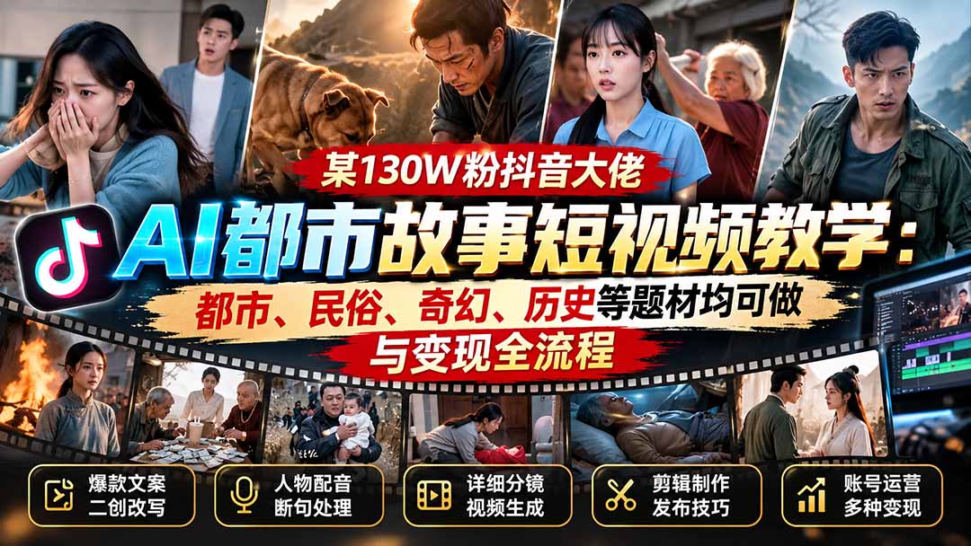 某130W粉抖音大佬AI都市故事短视频教学：都市、民俗、奇幻、历史等题材均可做与变现全流程网络赚钱,项目资源网,副业资源网,兼职项目,网赚课程-副业赚钱-互联网创业-独家轻创IP大圣网创