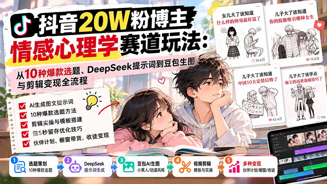 抖音20W粉博主-情感心理学赛道玩法：从10种爆款选题、DeepSeek提示词到豆包生图与剪辑变现全流程网络赚钱,项目资源网,副业资源网,兼职项目,网赚课程-副业赚钱-互联网创业-独家轻创IP大圣网创