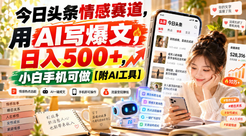 今日头条情感赛道,用AI写爆文,日入500+,小白手机可做【附AI工具】网络赚钱,项目资源网,副业资源网,兼职项目,网赚课程-副业赚钱-互联网创业-独家轻创IP大圣网创