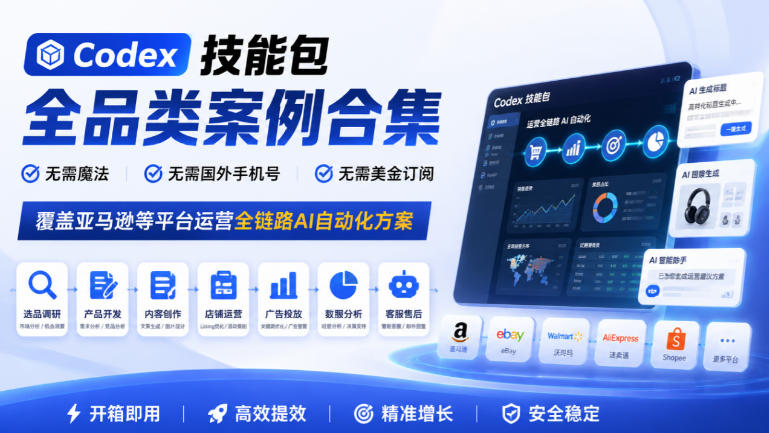 Codex技能包全品类案例合集，无需魔法、无需国外手机号、无需美金订阅，覆盖亚马逊等平台运营全链路AI自动化方案网络赚钱,项目资源网,副业资源网,兼职项目,网赚课程-副业赚钱-互联网创业-独家轻创IP大圣网创