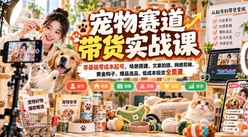 宠物赛道带货实战课，零基础零成本起号，场景搭建、文案拍摄、网感剪辑、黄金钩子、爆品选品、低成本投流全覆盖网络赚钱,项目资源网,副业资源网,兼职项目,网赚课程-副业赚钱-互联网创业-独家轻创IP大圣网创