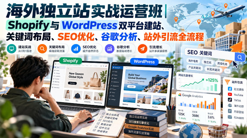 海外独立站实战运营班|Shopify与WordPress双平台建站、关键词布局、SEO优化、谷歌分析、站外引流全流程网络赚钱,项目资源网,副业资源网,兼职项目,网赚课程-副业赚钱-互联网创业-独家轻创IP大圣网创