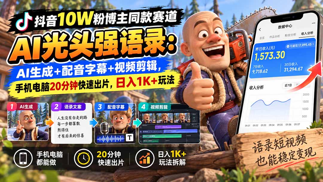 【无水印】抖音10W粉博主同款赛道AI光头强语录：AI生成+配音字幕+视频剪辑，手机电脑20分钟快速出片，日入1K+玩法网络赚钱,项目资源网,副业资源网,兼职项目,网赚课程-副业赚钱-互联网创业-独家轻创IP大圣网创