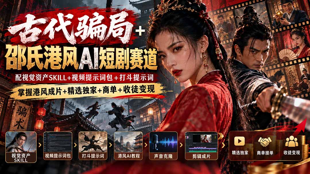 古代骗局+邵氏港风AI短剧赛道：配视觉资产SKILL+视频提示词包+打斗提示词，掌握港风成片+精选独家+商单+收徒变现网络赚钱,项目资源网,副业资源网,兼职项目,网赚课程-副业赚钱-互联网创业-独家轻创IP大圣网创