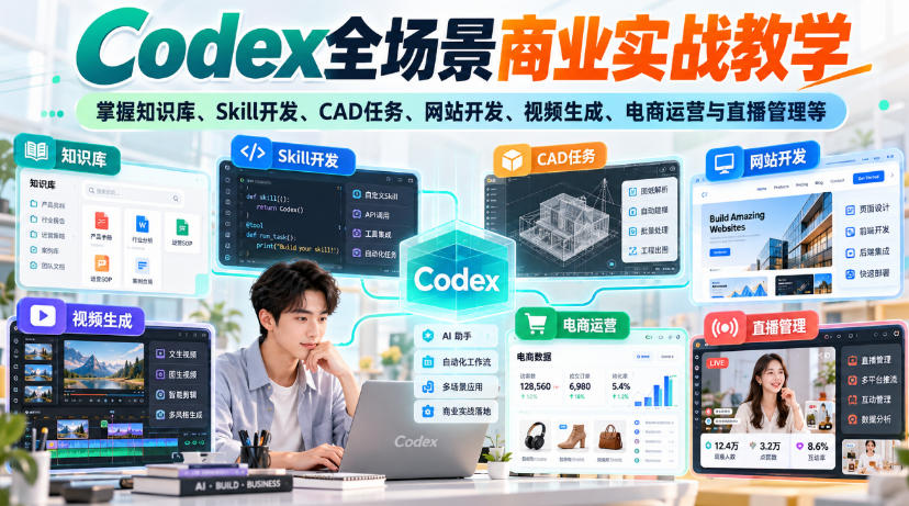 【无水印】Codex全场景商业实战教学，掌握知识库、Skill开发、CAD任务、网站开发、视频生成、电商运营与直播管理等网络赚钱,项目资源网,副业资源网,兼职项目,网赚课程-副业赚钱-互联网创业-独家轻创IP大圣网创