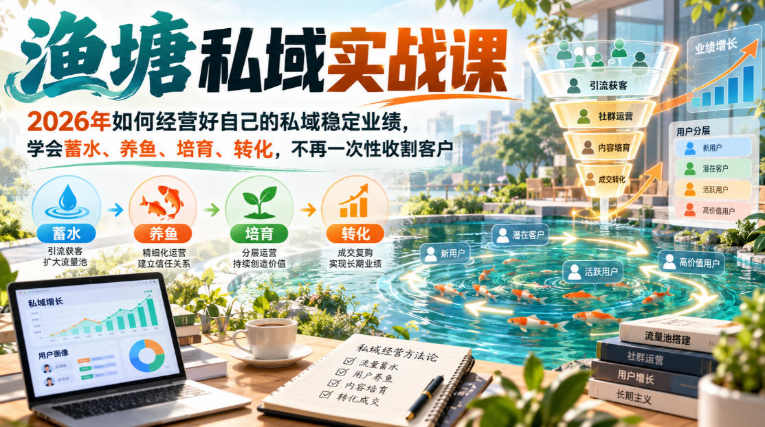 渔塘私域实战课,2026年如何经营好自己的私域稳定业绩,学会蓄水、养鱼、培育、转化,不再一次性收割客户网络赚钱,项目资源网,副业资源网,兼职项目,网赚课程-副业赚钱-互联网创业-独家轻创IP大圣网创