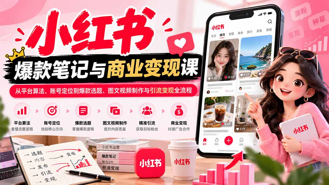 2026小红书爆款笔记与商业变现课:从平台算法、账号定位到爆款选题、图文视频制作与引流变现全流程网络赚钱,项目资源网,副业资源网,兼职项目,网赚课程-副业赚钱-互联网创业-独家轻创IP大圣网创