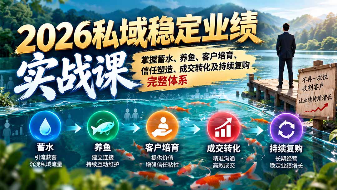 2026私域稳定业绩实战课:掌握蓄水、养鱼、客户培育、信任塑造、成交转化及持续复购完整体系网络赚钱,项目资源网,副业资源网,兼职项目,网赚课程-副业赚钱-互联网创业-独家轻创IP大圣网创